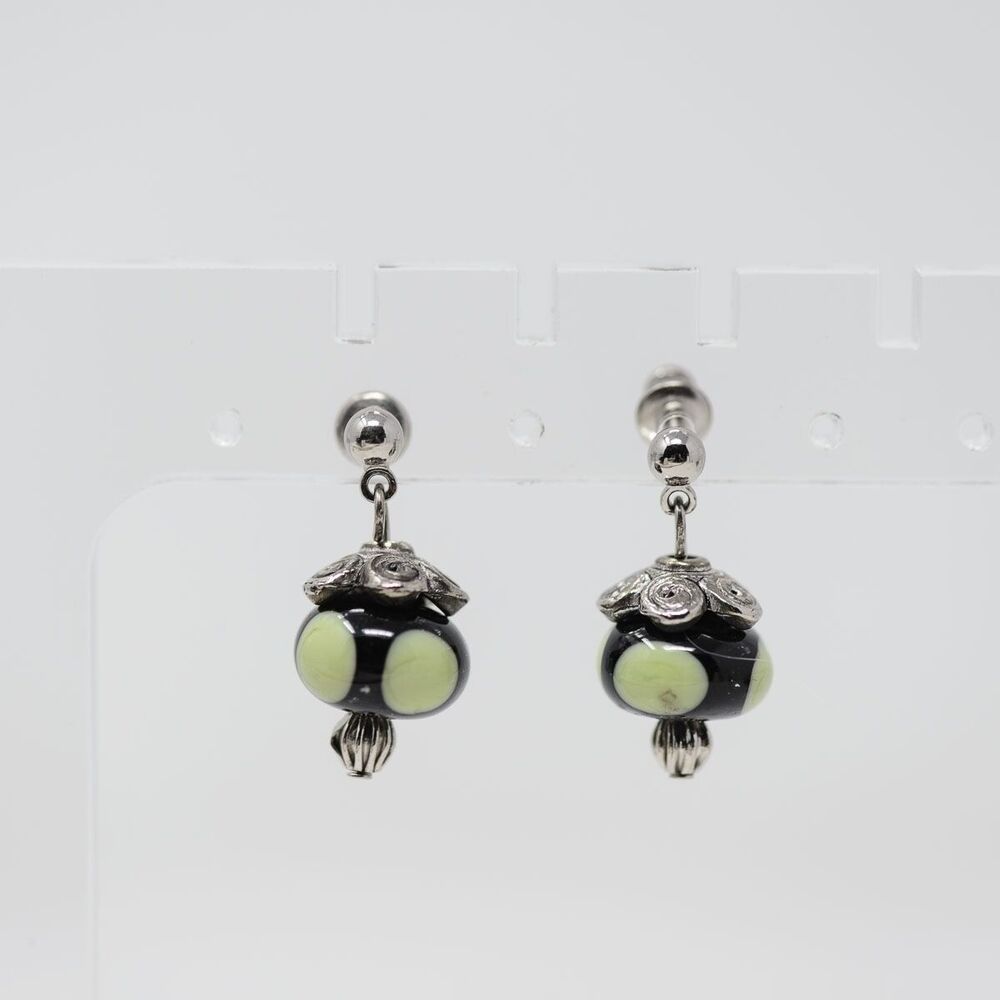 Earrings Handcrafted Black & Green Glass art Bead Dangle Lampwork